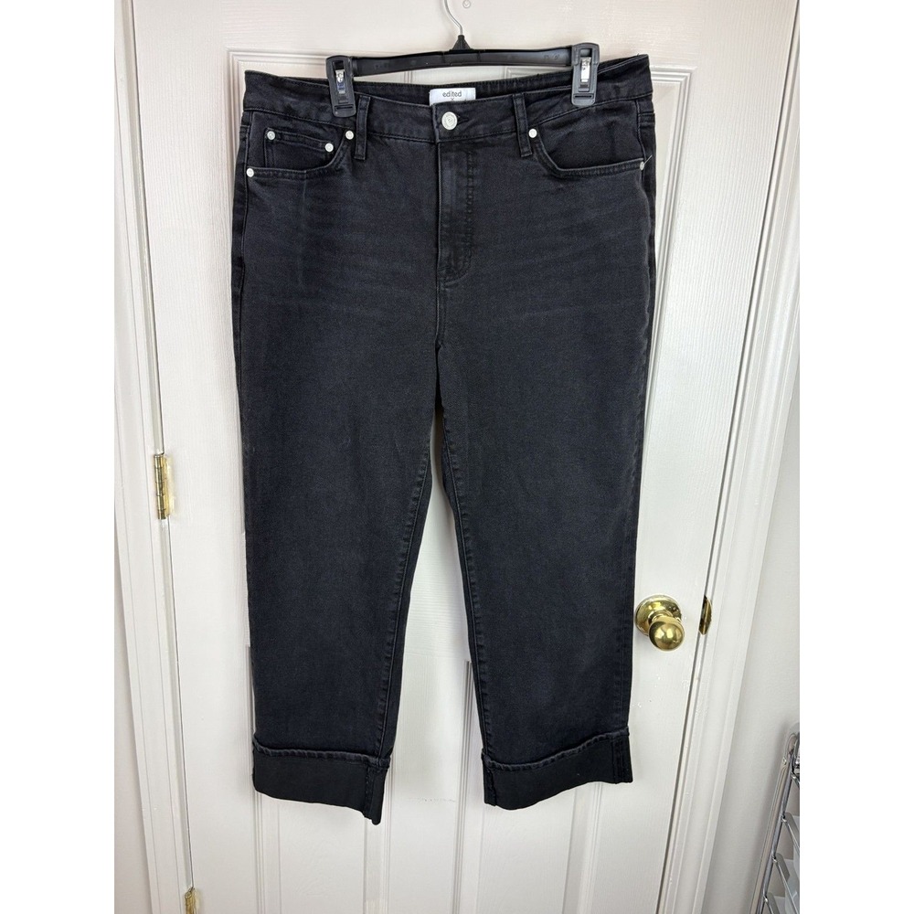 Edited x Hunter McGrady Women Faded Black Cuffed Straight Leg Jeans Size 12
